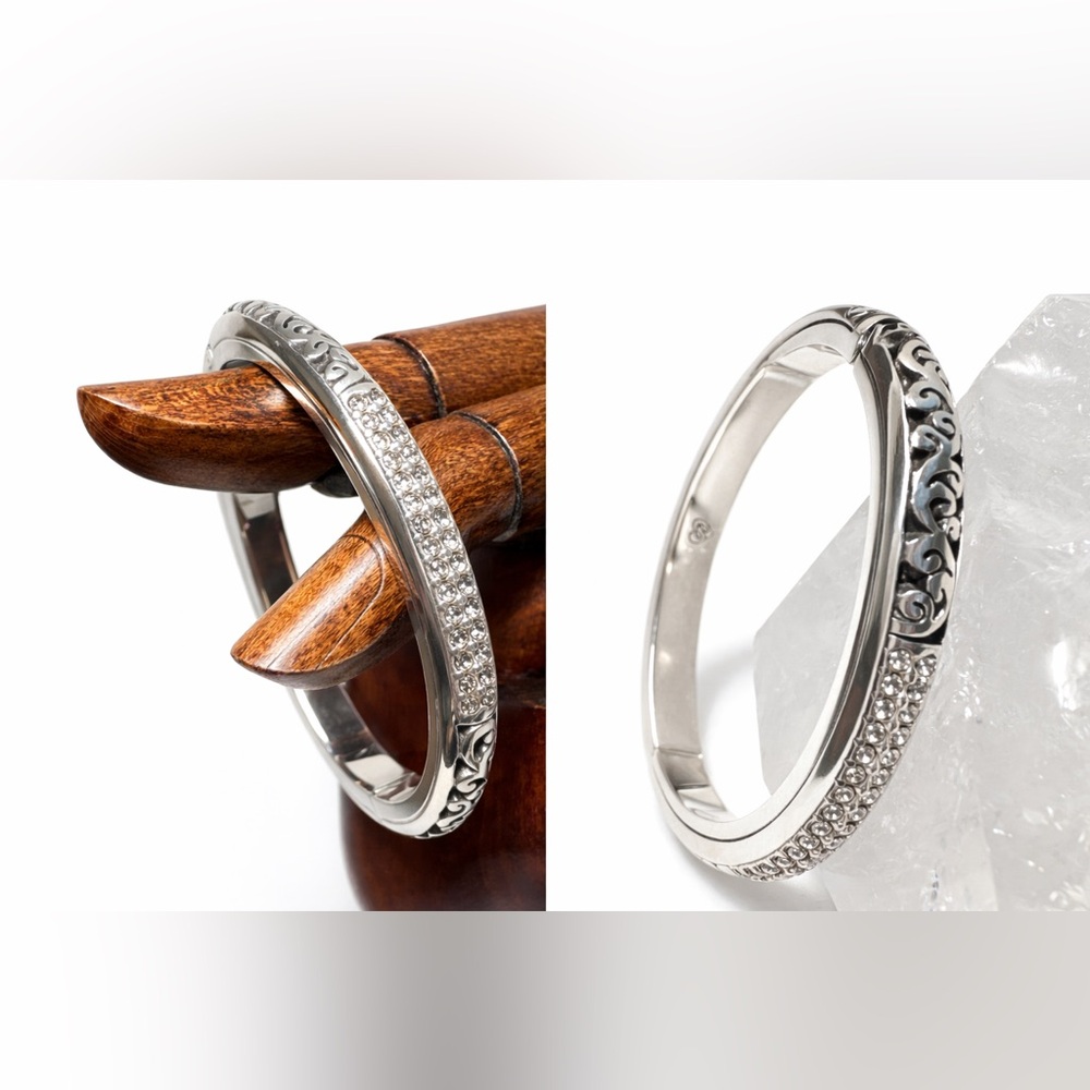 Brighton Crystal Pavé Hinged Bangle Bracelet – Magnetic Clasp – Silver Tone